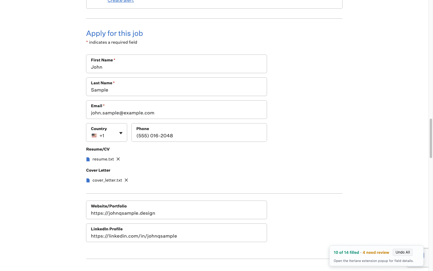 Iterlane autofilling a Greenhouse application, with a 10 of 14 fields filled status