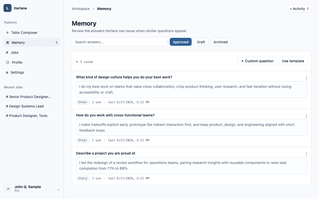 Iterlane answer memory showing approved screening answers ready to reuse